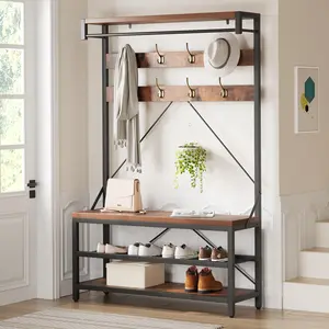 Garvee shoe storage shelf, cabinet with bench, clothes hanger with 8 hooks and shelf, 102 x 40 x 183 cm, wardrobe, for hallway, bedroom, industrial style, brown