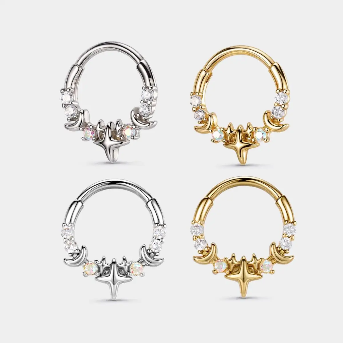 OUFER BODY JEWELRY 16G 316L Stainless Steel Celestial Star Moon Septum Clicker Ring, CZ Hinged Segment Hoop for Women, Non Tarnish Daith & Nose Piercing Jewelry 8mm/10mm, Non Tarnish Jewelry