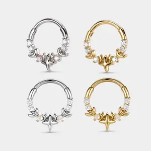 OUFER 16G 316L Stainless Steel Whimsical Septum Clicker - CZ Celestial Stars Moon Hinged Segment Hoop, Non Tarnish Tarnish Proof Septum Jewelry for Women, 8mm/10mm Inner Diameter Silver Gold Nose Daith Piercing Jewelry