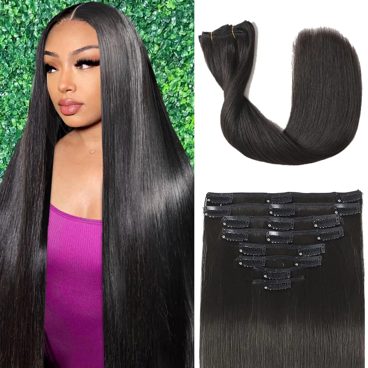 GK Straight Human Hair Clip Ins 120g, 22 Inch Jet Black 8Pcs, Soft Silky Brazilian Remy Hair Extensions, Perfect for Everyday & Travel