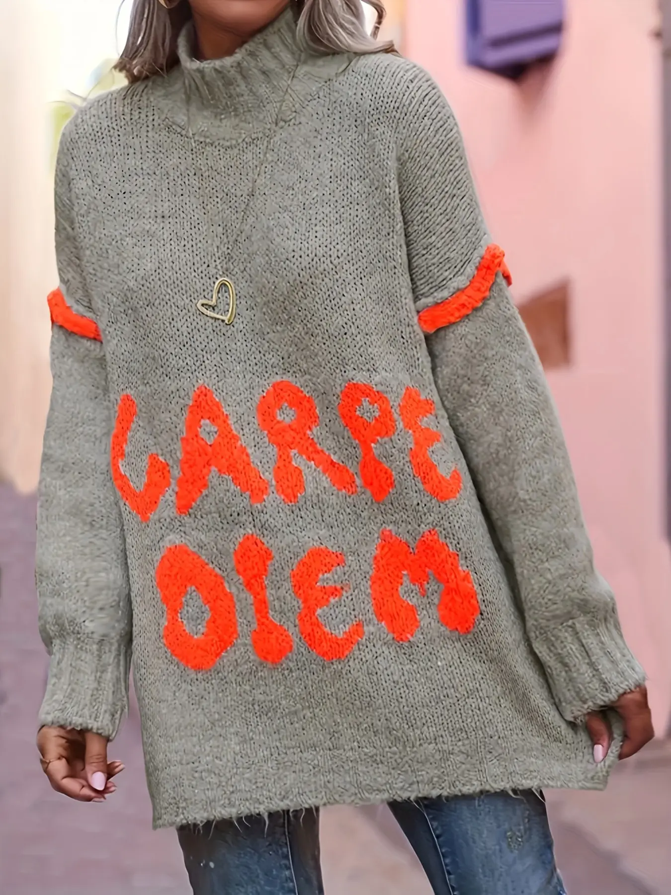 Autumn Winter New High Neck Colorblock Letter Jacquard Sweater, Vintage Loose Lazy Style, Carpe Diem Slogan Women's Knit Top