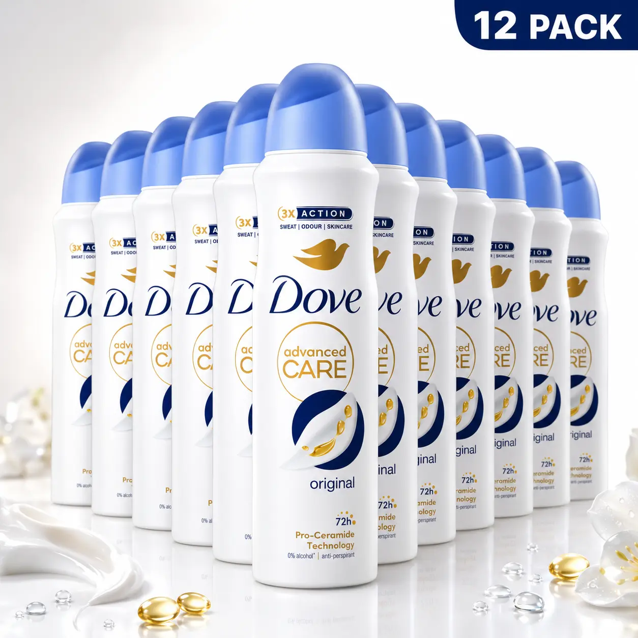 Dove Advanced Care Original Deodorant Spray Bulk 12-Pack - 72 HR Antiperspirant, 5oz/150ml, Pro-Ceramide, Gentle Cream Formula for Daily Body Care, Sensitive Skin, Clean Scent, Long-Lasting Freshness & Moisturizing Comfort, Underarms