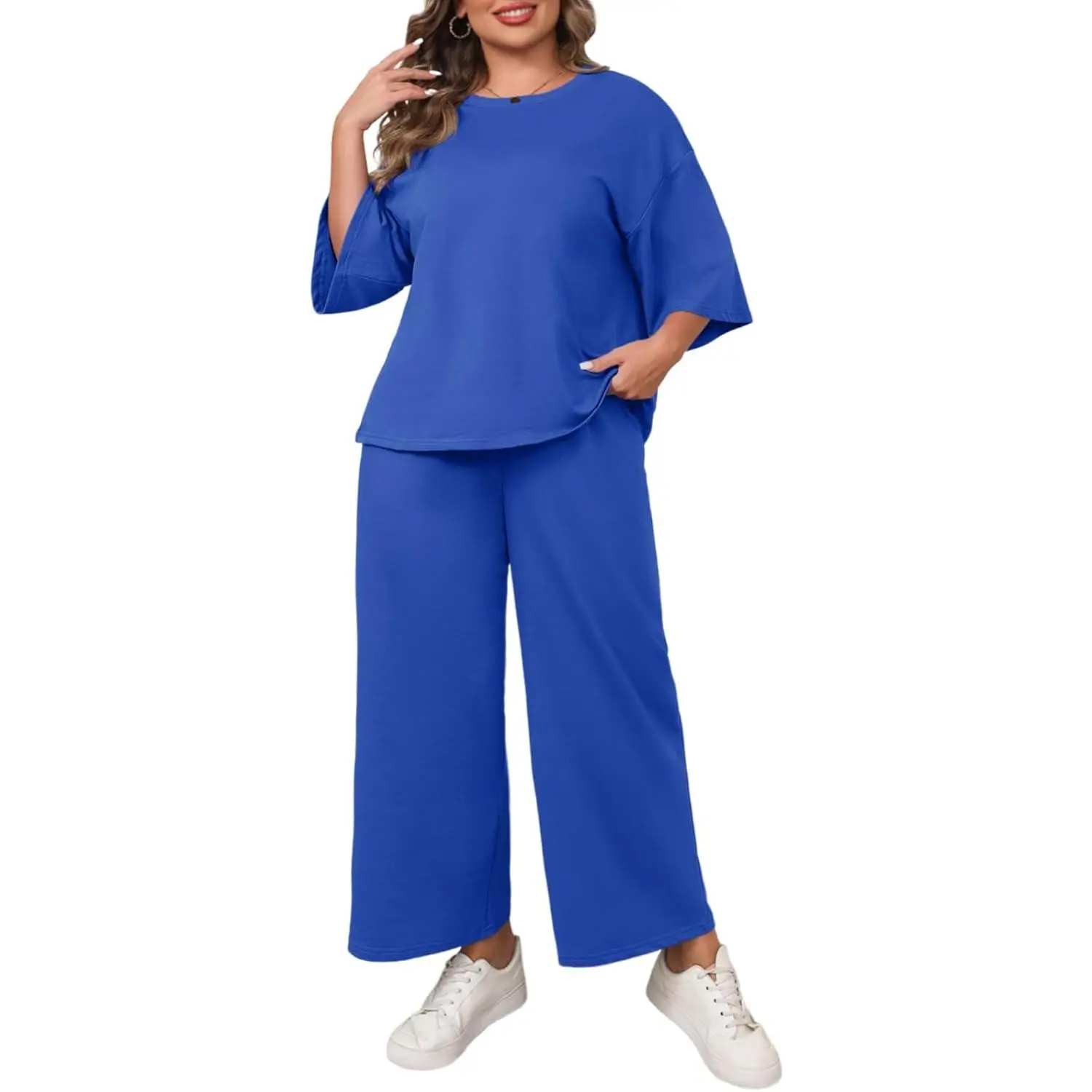 Imily Bela Womens Plus Size 2 Piece Outfits 3/4 Sleeve Tops and Wide Leg Pants Loungewear Pajamas Sets