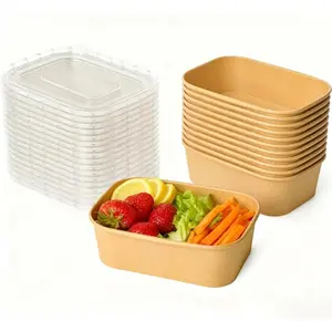 25 oz 50 Pack Paper Meal Prep Containers with Lids, Disposable Food Containers, Brown Rectangular Paper Bowls with Lids for Snacks, Salad, Soup, Thanksgiving, Christmas