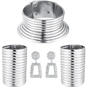 FLORIDECO 4pcs African National Jewelry for Women African Egyptian Choker Collars Chunky Statement Leather Necklace Bangle Bracelet Earring Jewelry Set Daily