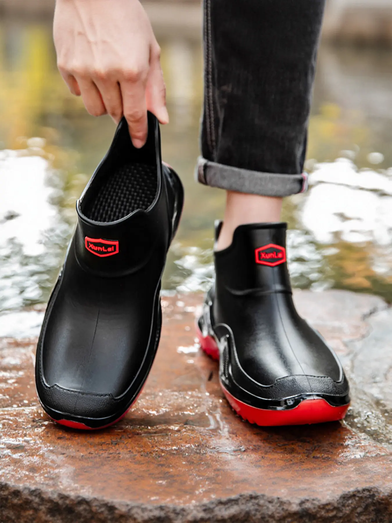 Unisex Lightweight Anti-Slip Rain Boots, Casual Patchwork Design, Easy Wear for Fishing & Work, Above Ankle Height, PVC Material