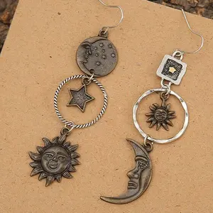 Sun & Moon Celestial Star Earrings - Asyetrical Unique Dangle Drop Earrings