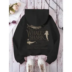 Women’s Whale Shark Print Pocket Hoodie, Casual Long Sleeve Hooded Sweatshirt for Everyday Wear, Ladies’ Clothing for All Seasons