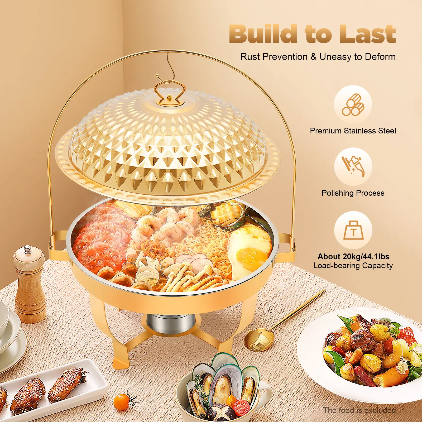 8.5QT Gold Stainless Steel Chafing Dish with Diamond Hanging Lid Alcohol Burner Hot Cold Buffet Food Warmer for Catering Party Wedding Home Use