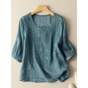 Women'S Boho Casual Top Plus Size Linen Summer Floral Embroidered Fashion Tops V Neck 3/4 Sleeve Loose Blouse T-Shirts White Cotton