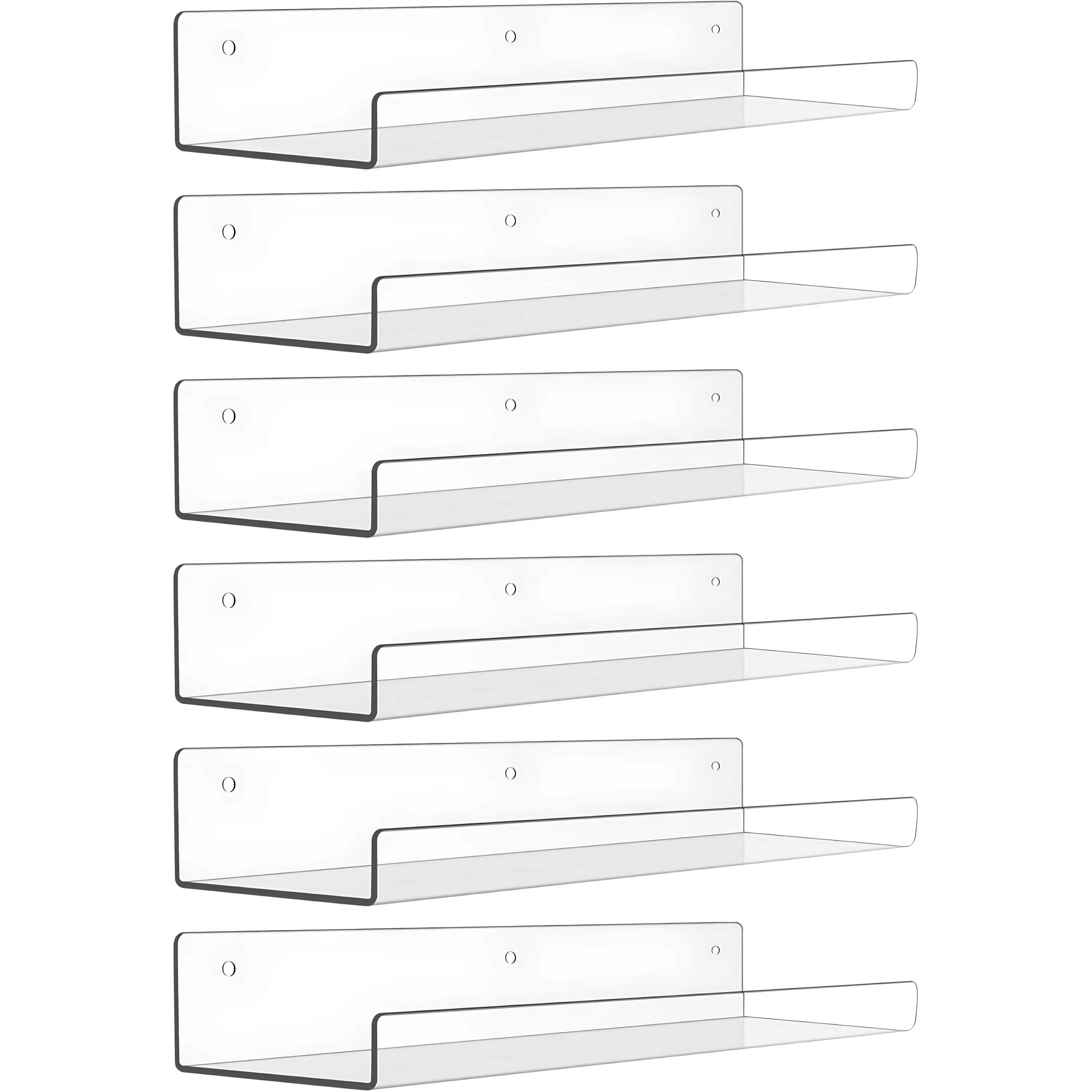 6 Pack Acrylic Wall Shelves, 15" x 4" Floating Bookshelves for Wall Storage, Clear Display Shelf Organizer for Kids, Bathroom, Bedroom, Living Room, Kitchen, and Home Decor Space Saving Wall Mounted Shelving Set