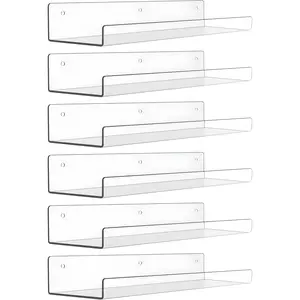 6 Pack Acrylic Wall Shelves, 15" x 4" Floating Bookshelves for Wall Storage, Clear Display Shelf Organizer for Kids, Bathroom, Bedroom, Living Room, Kitchen, and Home Decor Space Saving Wall Mounted Shelving Set