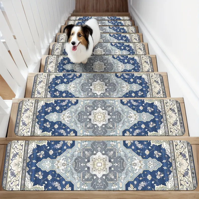 [HarleyLand]Non-Slip Stair Treads for Wooden Steps, 15PCS Boho Blue Carpet Stair Runners, Washable Stair Mats for Kids, Dogs, Elders, Indoor Stair Protectors with Adhesive, Vintage Floral Design