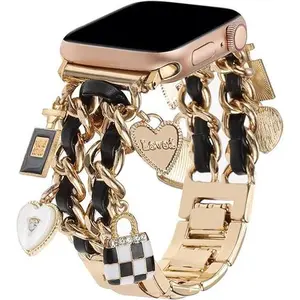 Valentine's Day gift Wearable Chic Wristband for Apple Watch 38mm-49mm, Metal Chain Charms, Unique Pendants, Replacement Strap, Stylish  Series 1-9 and 10  Bands for Women Anniversary Valentine's Day