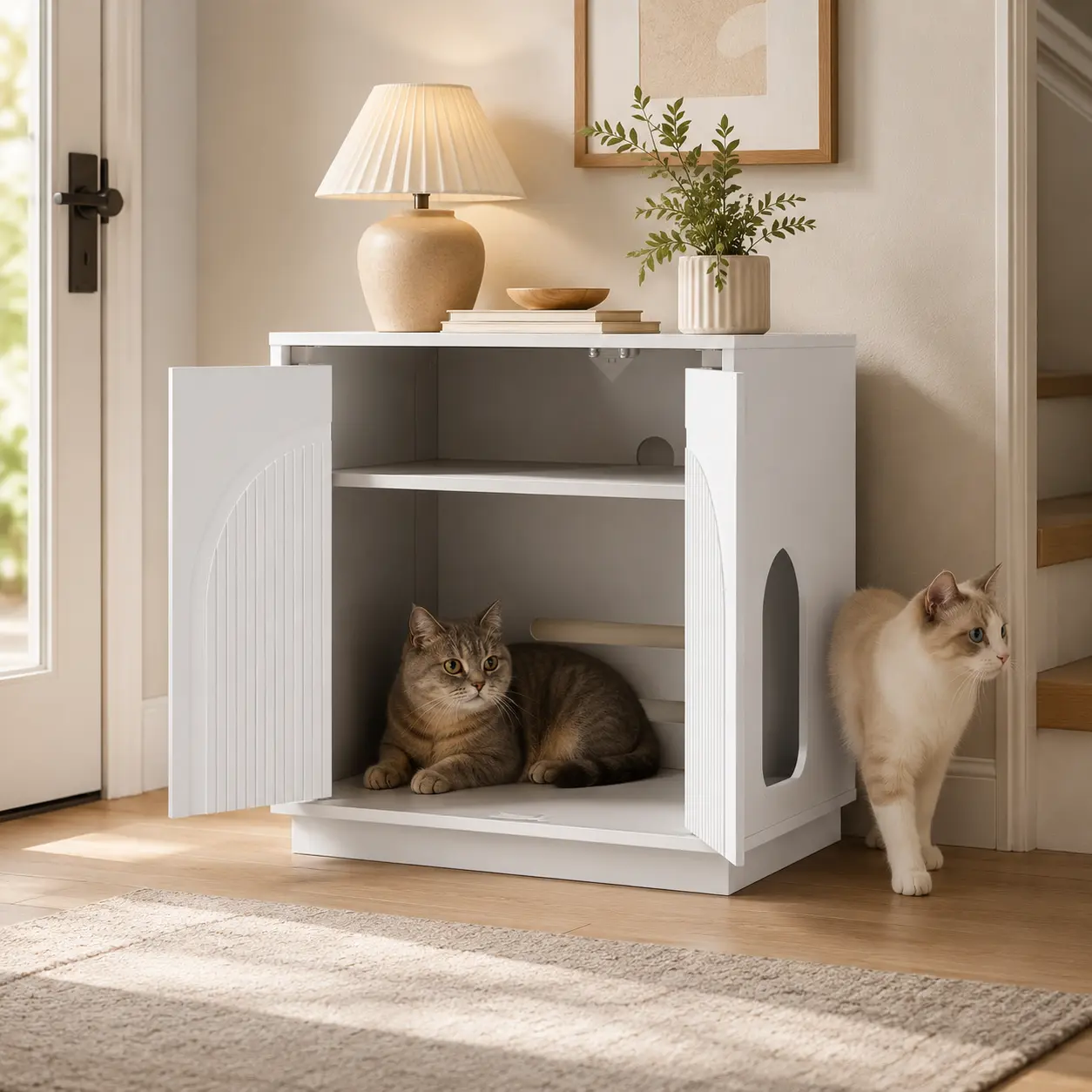 Litter Box Enclosure Cabinet - Indoor Cupboard with Detachable Partition, Open Entrance, Cat Litter Machine Storage for Living Room, Bedroom (Fits Most Cats)