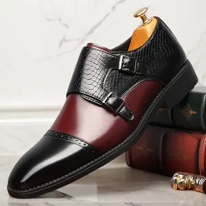 Men's Two-Tone Double Monk Strap Dress Shoes, Black & Burgundy Croc-Embossed Formal Leather Shoes97856
