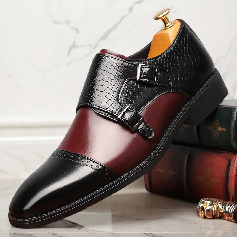 Men's Two-Tone Double Monk Strap Dress Shoes, Black & Burgundy Croc-Embossed Formal Leather Shoes97856