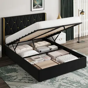 Garvee Modern Hydraulic Storage Bed Frame with Upholstered Wingback Headboard Queen & Full Sizes Black & White Luxurious Velvet Fabric Anti-Slip Design Easy Assembly