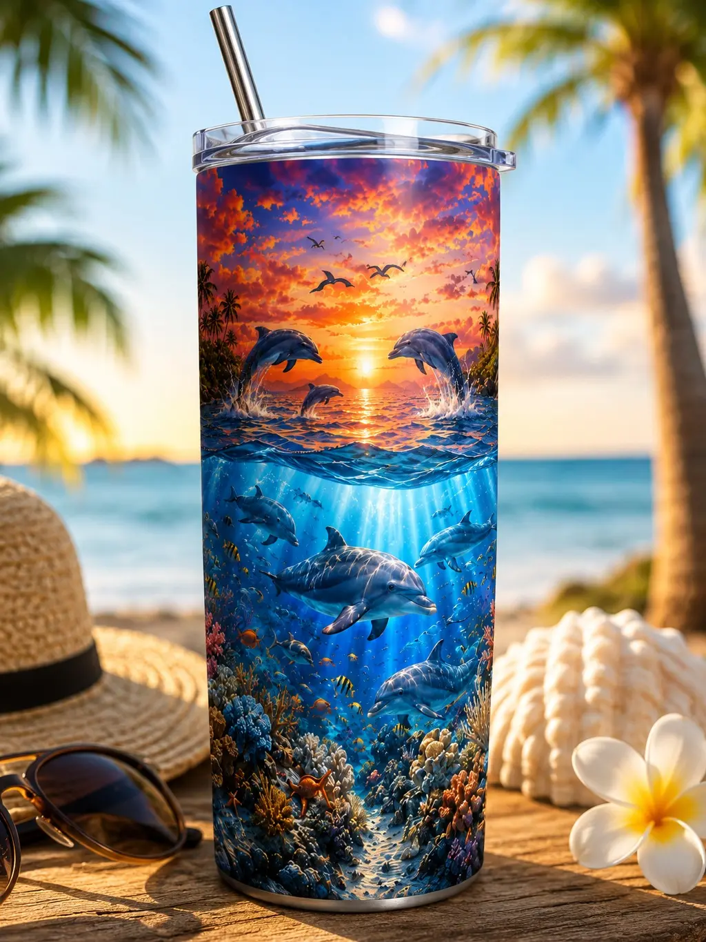 20oz Dolphin Sunset Stainless Steel Tumbler | Ocean Dolphin Beach Cup | Double Wall Vacuum Insulated | Lid & Straw Included life