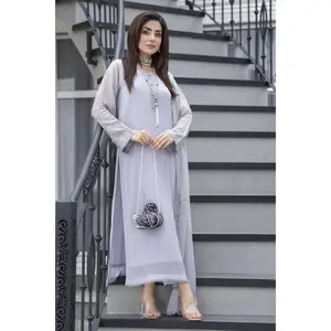 Gul Warun Lustre Chiffon – 3pc Ready to Wear Grey Embroidered Chiffon Dress LSG3