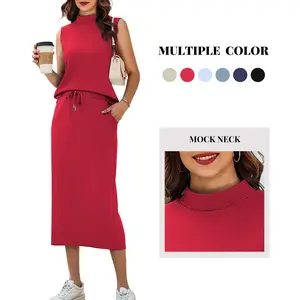 Women's 2-Piece Minimalist Lady Basic Elegance Fitted Plain Skirt Suit - Sleeveless Mock Neck Top, Midi Skirt, Soft Comfortable Fabric, Multi-Size Spring Summer Casual Women's Clothes, 2 Scenarios (Lounge, Travel), Multiple Colors, Springfresh Womenswear