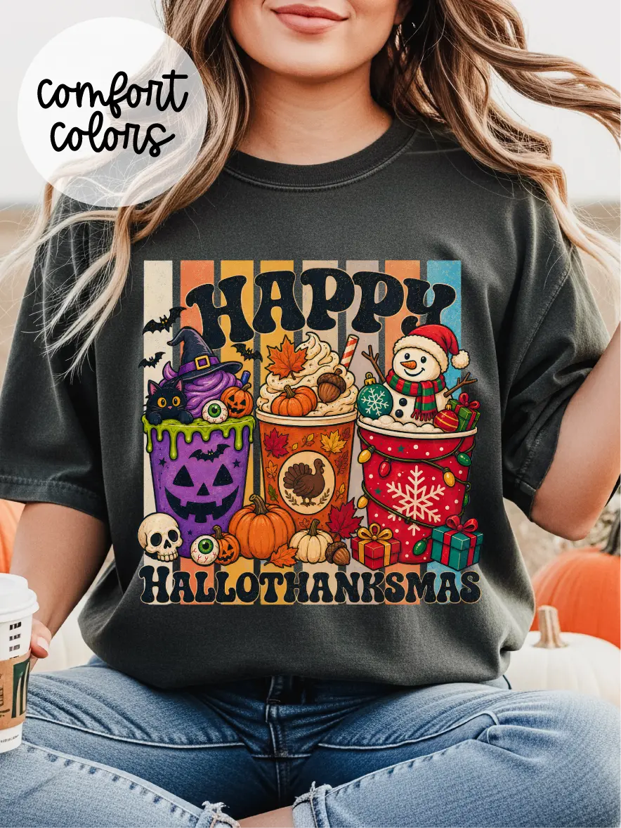 Women's Happy Hallothanksmas Unisex Cut Short Sleeve T-Shirt, Casual Wear, Garment-Dyed Fabric Simplifies Care, Regular Sleeves, Round Neck, Printed in the USA