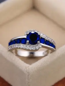 Women's Elegant Artificial Zircon Decorated Ring with Blue Round Decor,  Exquisite Trendy Ring for Anniversary, Fashionable Jewelry for Women As Gift, Cubic Zirconia Rings, Beautiful Rings