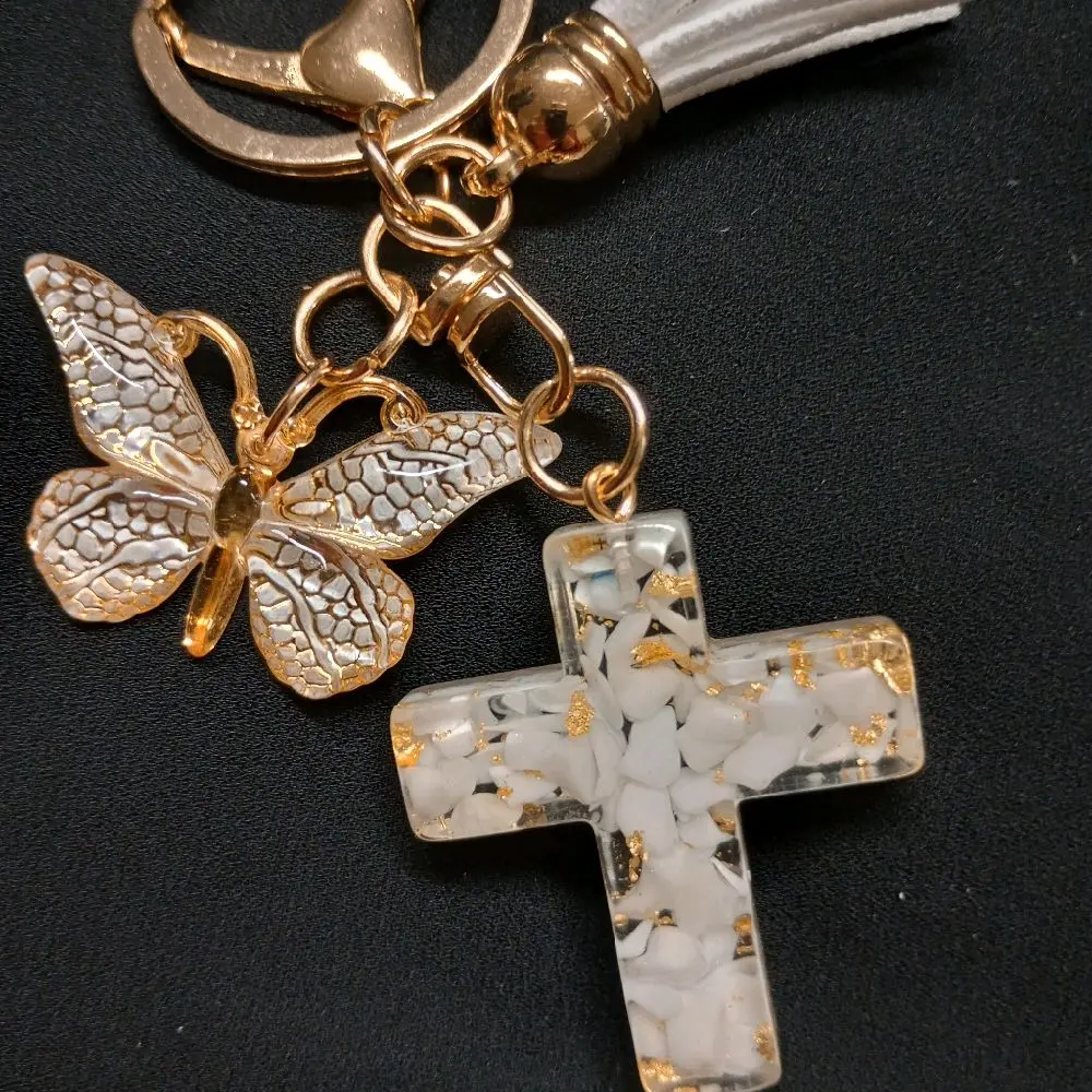 Cross Butterfly Keychain Cute Resin Christian Keyring with white Tassel Key Accessories Gift for Her 4.5 Inches Compact Stylish Design