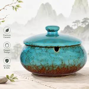 Artisan Square Ceramic Ashtray with Lid - Windproof Home Decor Accessory, Elegant Blue Tray with Smoke & Odor Control Pad, Modern Home Decoration Item for Indoor, Porch Use