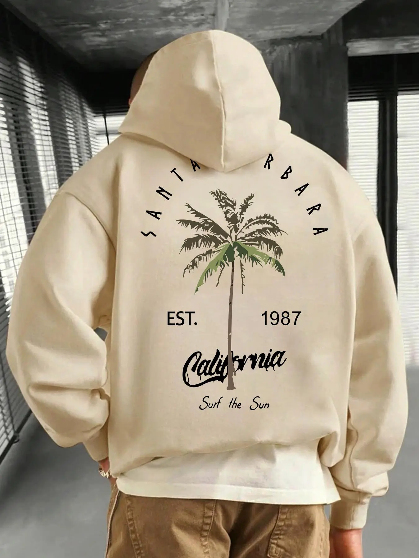 Men's Regular Fit Palm Tree & Letter Print Drop Shoulder Long Sleeve Heavy Hoodie, Graphic Hoodie, Fashion Casual Streetwear Looks Aesthetic Drawstring Pocket Hooded Sweatshirt for Daily Holiday Outdoor Wear, Men Clothes for Fall & Winter, Menswear
