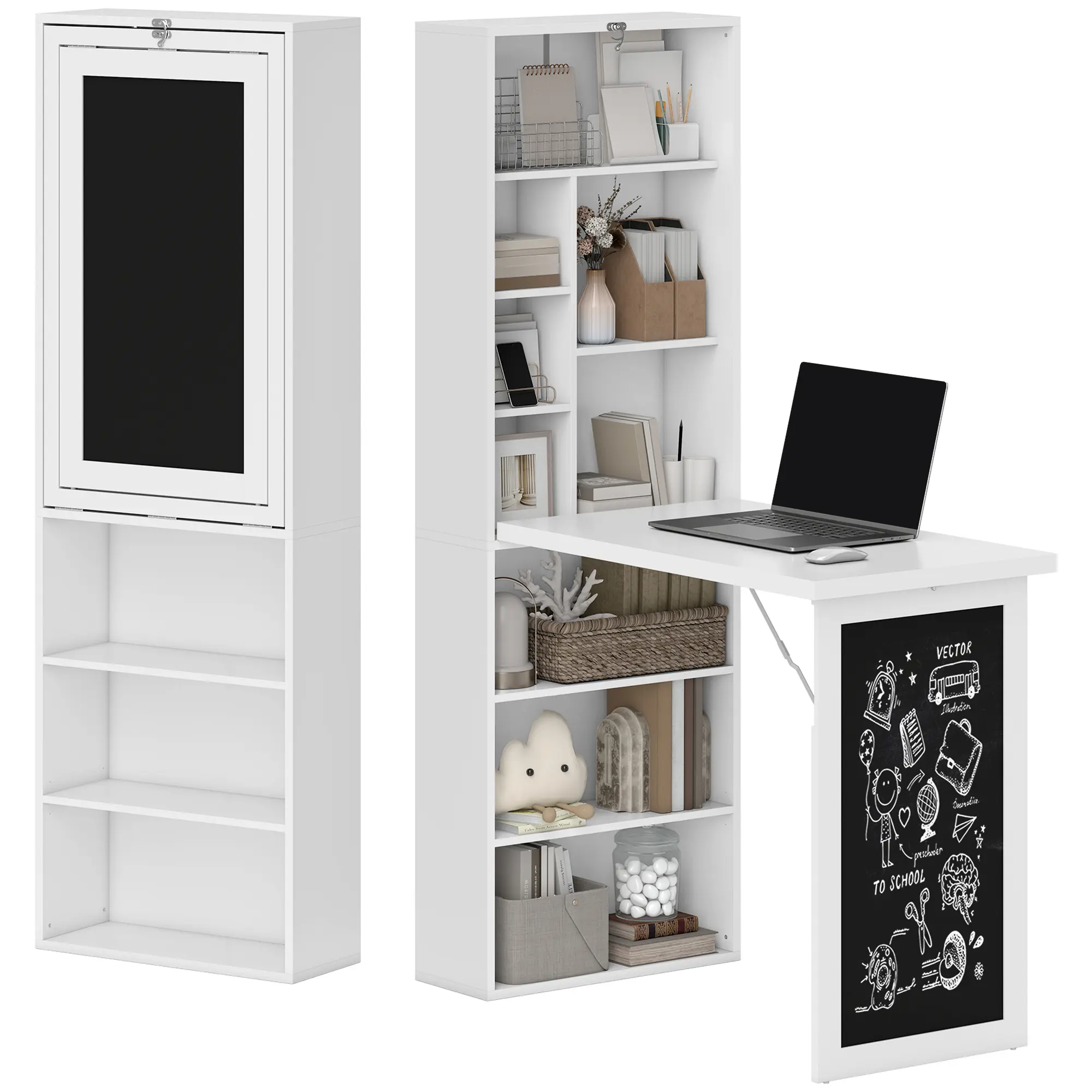Wall-Mount Fold-Out Convertible Office Desk - Commercial Office Furniture Computer Workstation with Blackboard and Side Shelf