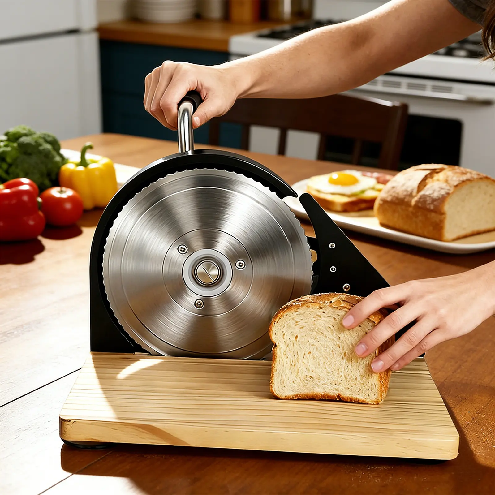 Hand Crank Manual Bread Slicer for Homemade Sourdough Bread, Adjustable Thickness Even Slicing Slicer with Serrated Stainless Steel Blade, Solid Wood Base with Scale Lines & Super Strong Suction Cup Fixation