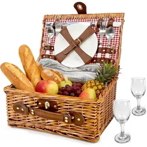 Picnic Basket for 2 - Picnic Basket with Cutlery Kit and Glasses, Insulated Picnic Set with  Liner, Portable Wicker Picnic Baskets with Lid and Handle for Outdoor, Picnic, Camping, Holidays