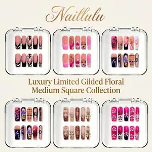 Naillulu ‌|‌ 10PCS 100% Handmade 1.3 inch Press on nails ‌|‌ Luxury Limited Gilded Floral Medium Square Acrylic Nails | For Party, Wedding, Vacation & Photoshoot