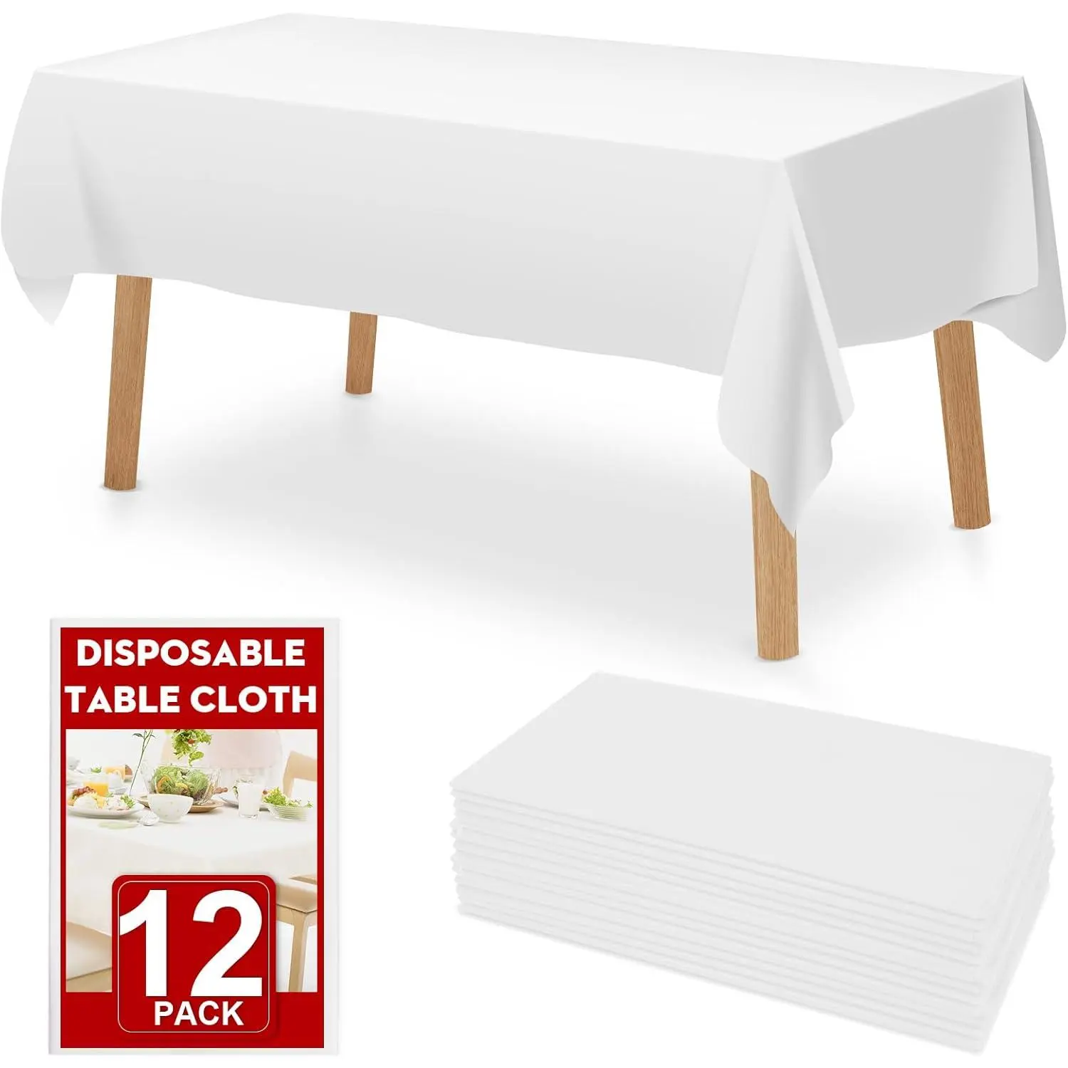 12 Pack White Plastic Table Cloths Disposable, 54 x 108 Inches Plastic Table Cover for Rectangle Tables, Disposable Tablecloth for Dinning, Parties, BBQ, Wedding, Outdoor