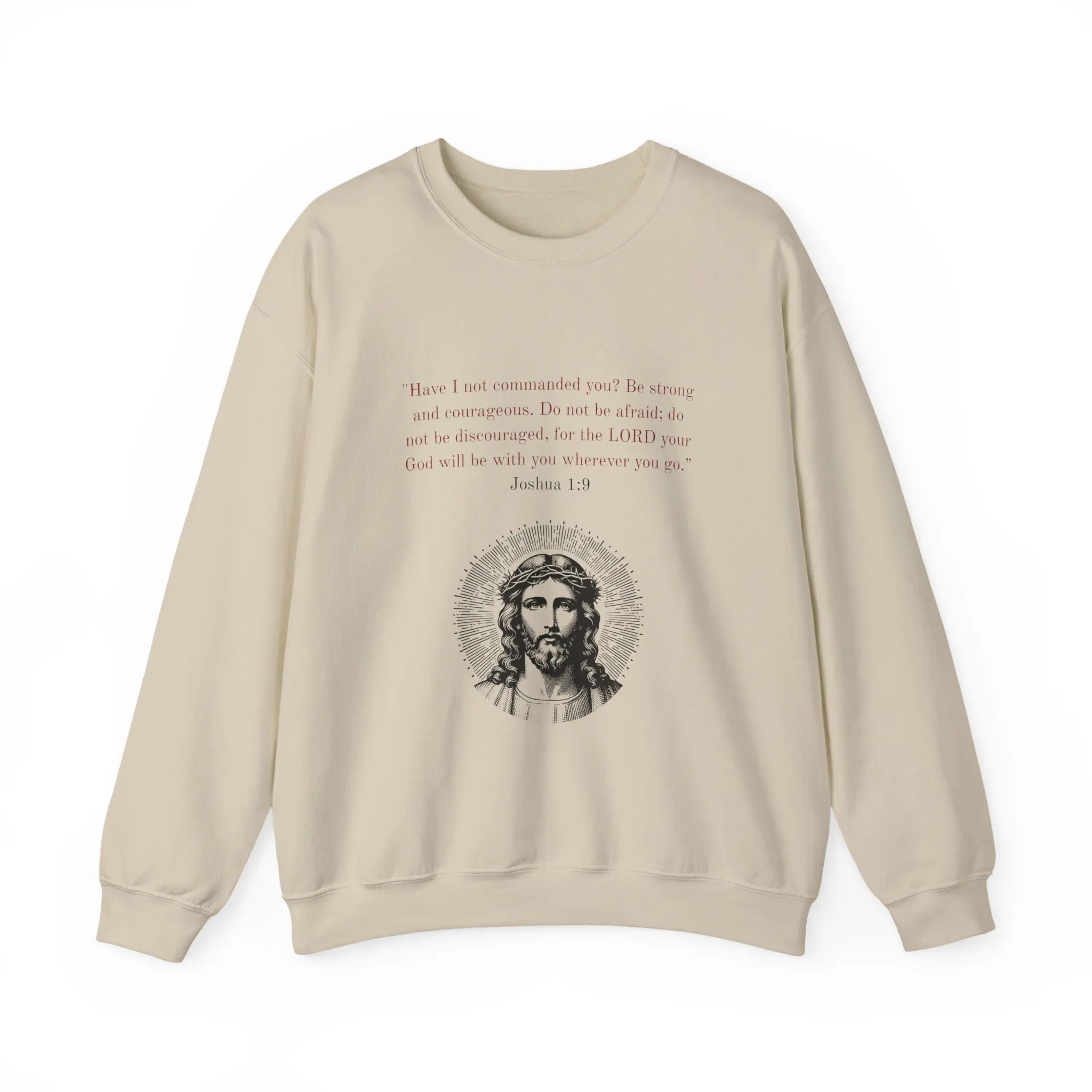 Men's Jesus Portrait Scripture Embroidery Knit Crewneck Sweatshirt, Joshua 1:9 Faith Quote, Ribbed Details, Day Wear Christian Top, Embroidered, Cotton