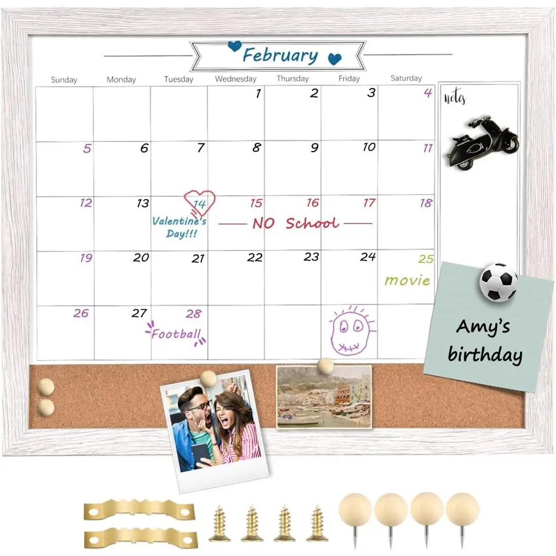 Whiteboard Calendar & Corkboard, Small Combination Dry Erase White Board & Bulletin Board, 13" x 17", White  Framed Calendar/Cork Combo Board(ZHYL-WH-3343)