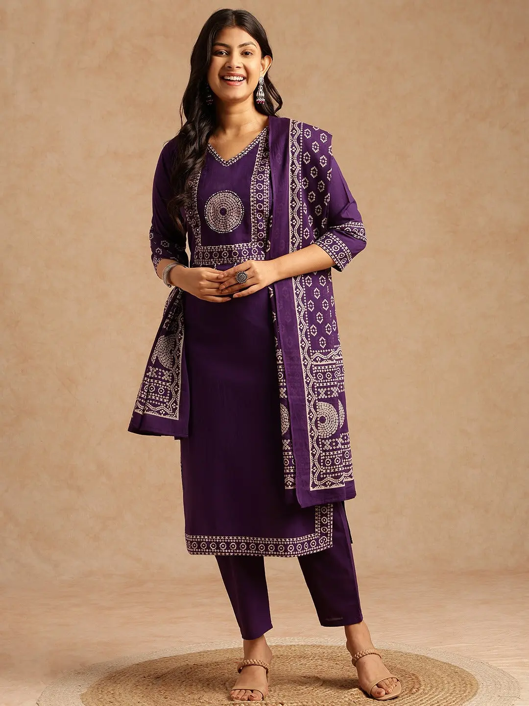 Kurta Set for Women - Violet Straight Cotton Fabric with Bandhani Print | 3-Piece Festive Wear with V-Neck and 3/4 Sleeve, Clothes, Style, Top, Lightweight, Soft, Casual, Breathable, Traditional, Pants, Plus Size, Durability