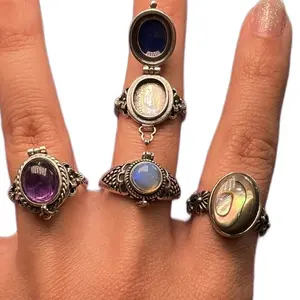 Secret Compartment Locket Crystal 925 Sterling Ring Fully Adjustable for Adults with Real Crystal Cabochon Unique Witchy Design Amethyst Gemstone Ring Cocktail