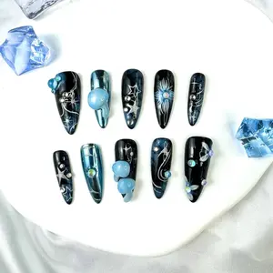 Blue Mushroom Press on nails The Nail Lab | Long nails | Black nails | Chrome nails | Stiletto nails | Cool nails | High quality | 10pcs | Rhinestones | Glossy | 3D Arcylic