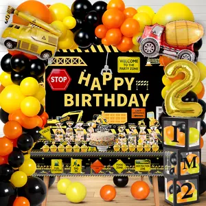 Construction 2nd Birthday Party decorations kit for Boys – Dump Truck Theme Decorations with Backdrop, Balloons, Banner, Cake & Cupcake Toppers, Tablecloth, and Box Cutout