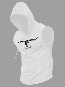 Men's Regular Fit Cartoon Bull Head Print Hooded Tank Top, Casual Comfy Breathable Sleeveless Top for Summer, Fashion Men's Clothes for Daily Wear, Socks