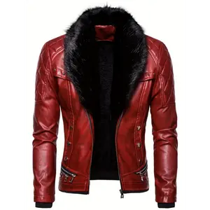 1pc Men'S Street Style Faux Leather Jacket with Removable Faux Fur Collar, Zippered Polyester Lining, Slim Fit, Solid Color, Small Stand Collar, Woven Fabric - Casual Outerwear Menswear Coats Stretch Tops Stretch Tops Stretch Tops Stretch Tops