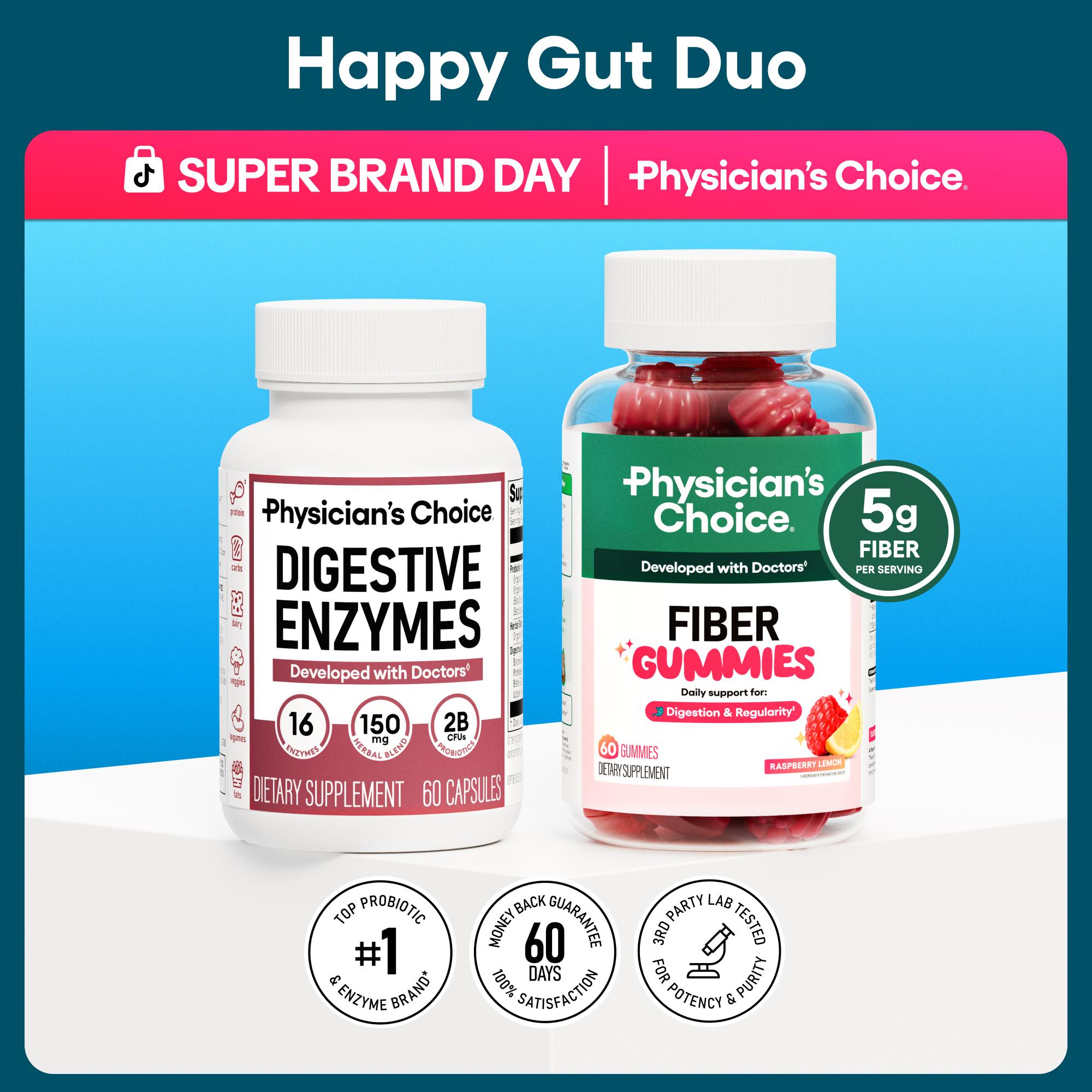 Physician's Choice Happy Gut Duo: Daily Regularity, Digestion, Bloating & Mealtime Support with Fiber Gummies + Digestive Enzymes