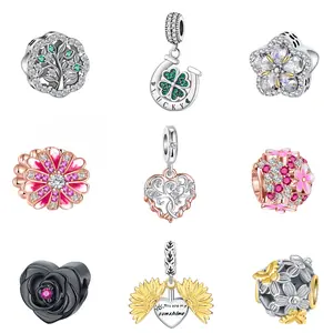 925 Silver-plated Plant Series Jewelry Charms Collection, DIY Mixed Flower&Lucky Beads for Necklace Bracelet, Perfect Gift for Her