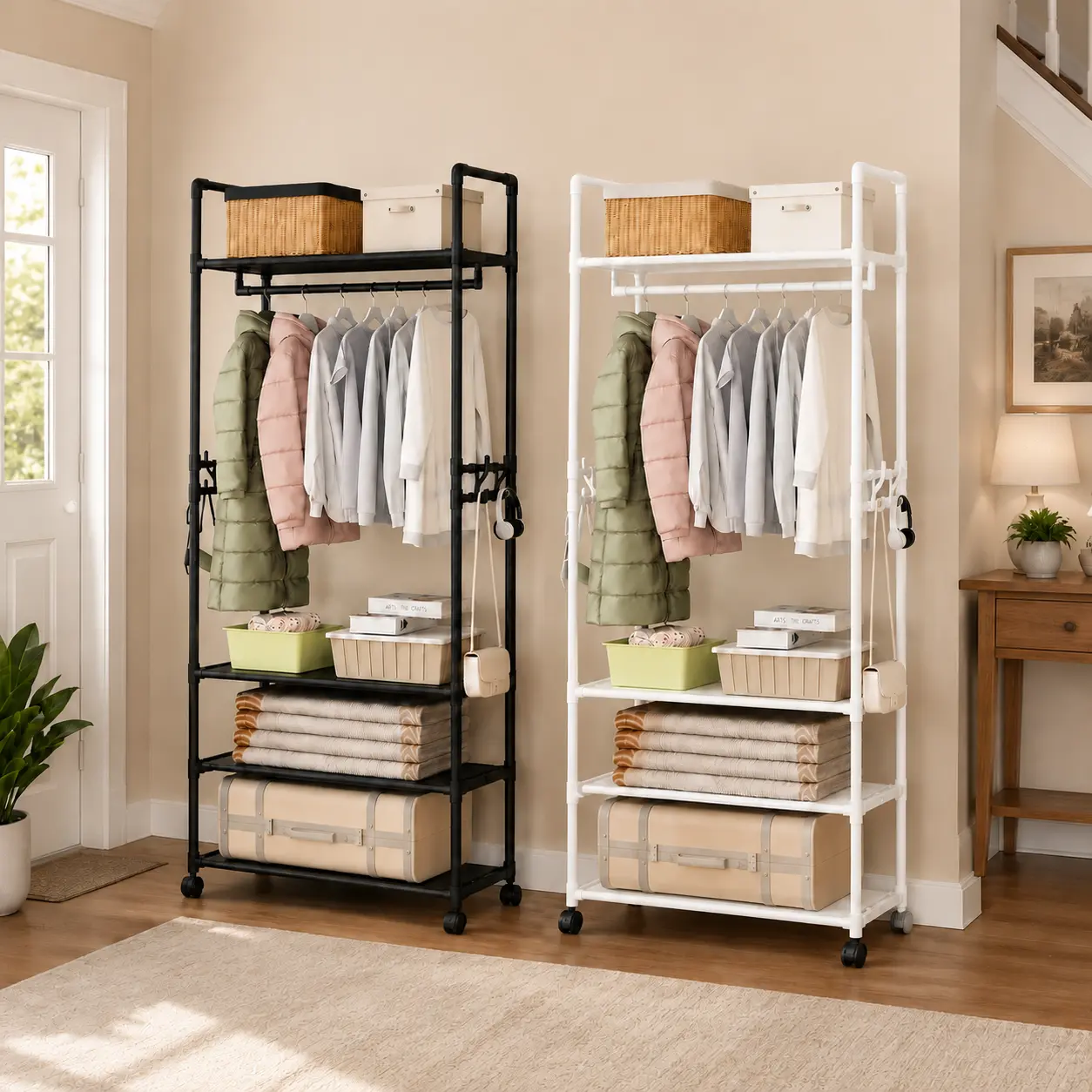 Modern Clothes Rack with Storage Shelves, Rolling Wardrobe Organizer, Space Saving Garment Rack for Bedroom & Apartment