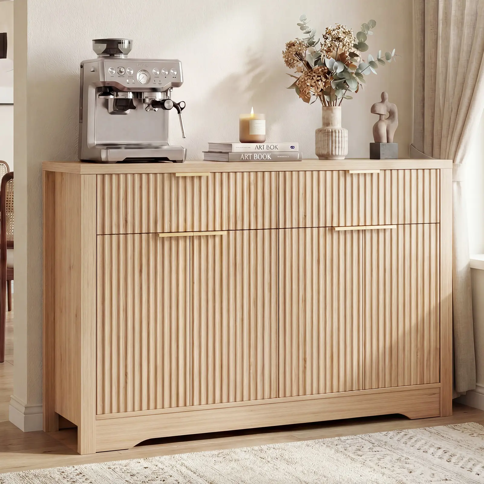 55" Modern Home Furniture Console Table with Doors & Drawers, Fluted Buffet Storage Cabinet, Multi-Functional Table for Dining Room, Living Room