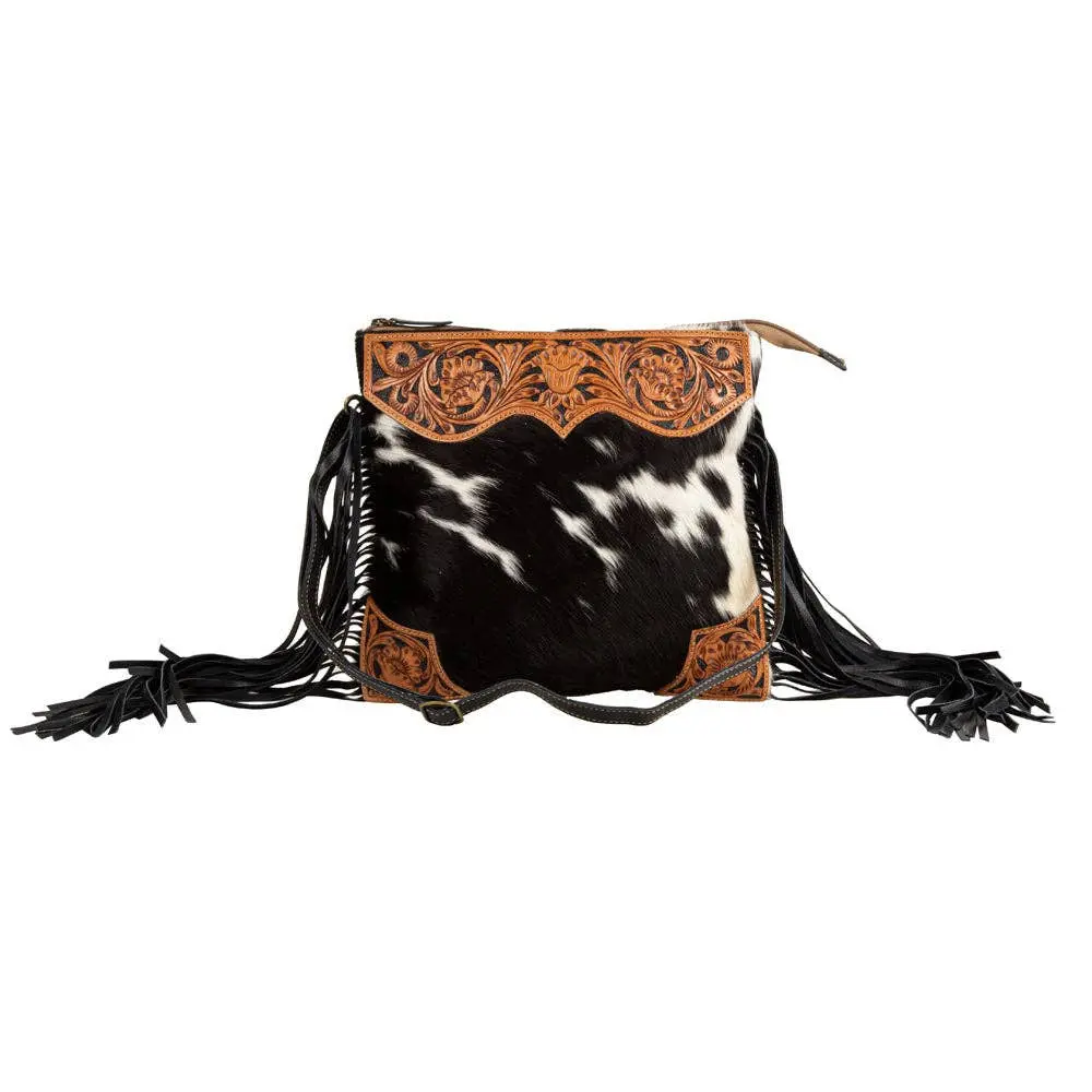 Women's Myra Chic Medium Size Fringed Hand-Tooled Leather and Hairon Cowhide Crossbody & Shoulder Bag - Tumbleweed Trail Style, Purses Crossbody Bag