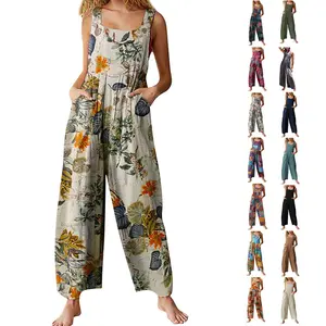 Naeduo Women's Floral Print Jumpsuit Loose Bohemian Wide Leg Bib Overall Patchwork Dual Pocket Trousers Womenswear Ethnic Aztec Floral Printed SpringStatements