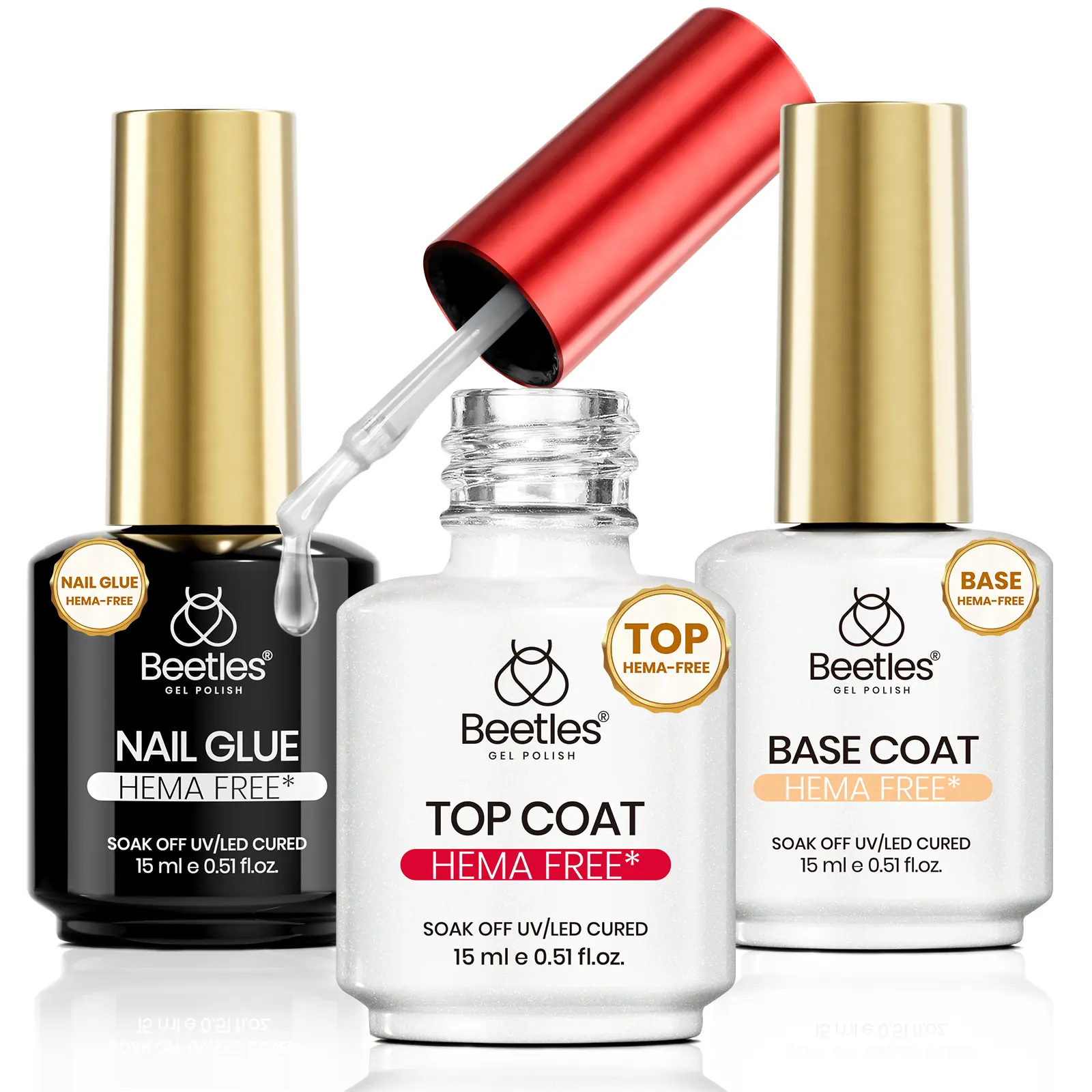 Beetles 3Pcs 15ml Nail Glue, Base Gel & No Wipe Top Coat Set, HEMA-Free & TPO Free Nail Kit for False Nails, Long Lasting Nail Extension, UV/LED Cured, DIY & Salon Use